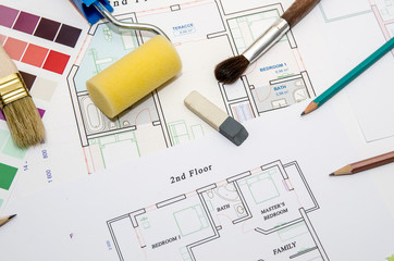 Wall Mural - architectural drawing with paintbrush, color sample and working tools