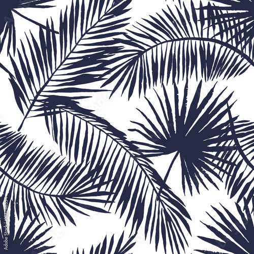 Naklejka na szybę Palm leaves silhouette on the white background. Vector seamless pattern with tropical plants.