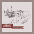American farm house, barn and pasture vector sketch. 