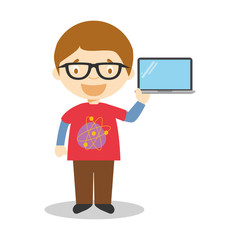 Cute cartoon vector illustration of a programmer or a computer e
