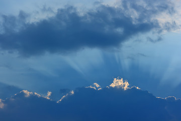 Sky and clouds. Storm cloud with a luminous edge and rays of the sun.