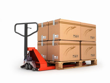 Hand Pallet Truck Carries A Pallet With Boxes Are Isolated On A