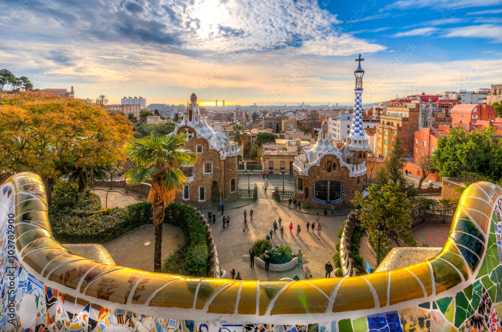 A dream village in Barcelona designed by the architect Gaudi - obrazy, fototapety, plakaty 