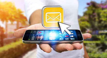 Young man using modern mobile phone to send message