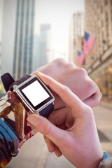 Poster - composite image of hand touching smart watch