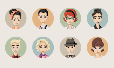 Wall Mural - Faces of retro people wearing vintage clothes.
