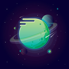 Wall Mural - Alien solar system planets in vivid bright colors. Space exploration concept vector illustration. Rockets circulating around the planet. Contemporary fast liquid style trend