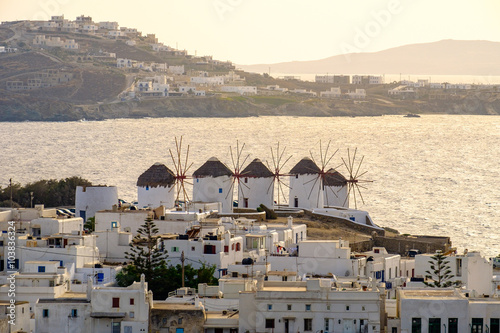 Fototapeta na wymiar Citiscape view of Mykonos windmills, Greece