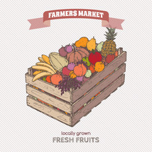 Color Farmers Market Label With Fruits In Wooden Crate. 
