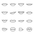 Icons of female lips. Collection of sixteen modern linear icons isolated on a white background. Vector illustration