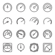 Meter Icons. Symbols Of Speedometers, Manometers, Tachometers Etc. Linear Vector Illustration