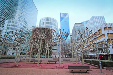 Defense, Paris, France, February 9, 2016: sky-scrapers in a Paris district Defense. Because of it's modern .architecture this district is called the Paris Manhattan