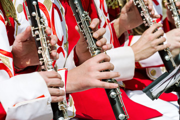 Wall Mural - young musicians playing clarinet in street orchestra