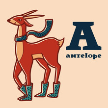 Letter A. Part Of Animals Alphabet. Cartoon Antelope Wearing Boots And Scarf.