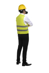 Wall Mural - Asian worker wearing safety vest and yellow helmet