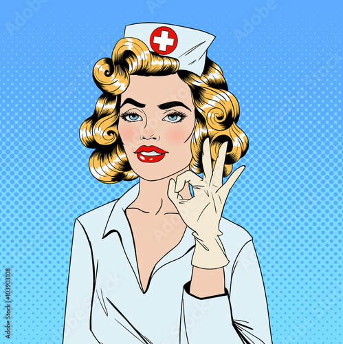 Obraz w ramie Pretty Nurse in Pop Art Style Gesturing Okay