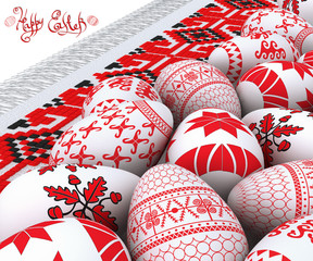 Wall Mural - ukrainian pattern on easter egg with towel with folk embroider