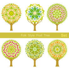 Set Of Flat Cartoon Folk Style Fruit Trees