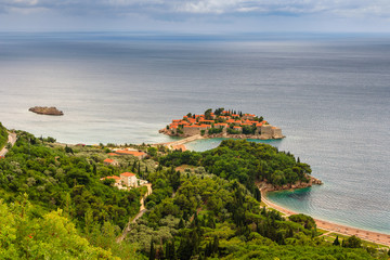 Wall Mural - View of the peninsula of Sveti Stefan from the height of the mountains.