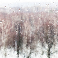 Poster - water on window from melting snow during snowfall