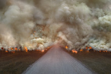 Natural Disaster With Big Fire On The Road