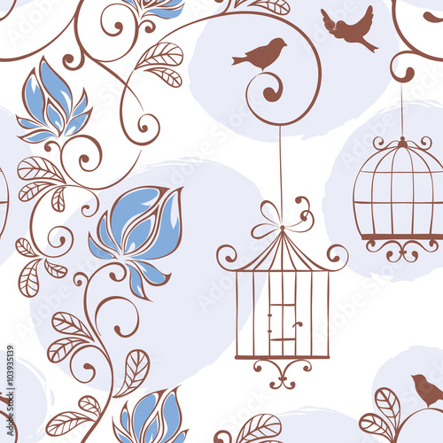 Obraz w ramie Spring pattern, vector illustration with flowers and birds