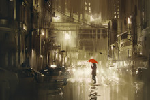 Woman With Red Umbrella Crossing The Street,rainy Night,illustration