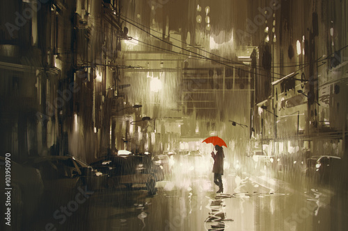 Obraz w ramie woman with red umbrella crossing the street,rainy night,illustration