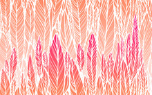 Print, Seamless Pattern Of  Pink Leaves, Grass, Feathers, Vector Illustration