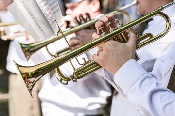 Canvas Print - military musicians playing gold trumpets on music festival