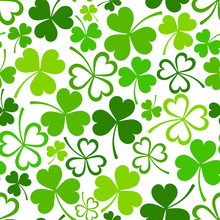 Vector Seamless Pattern With Green Shamrock Leaves On A White Background.