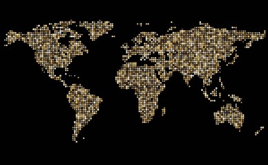 World abstract mosaic golden map on black. Vector illustration.