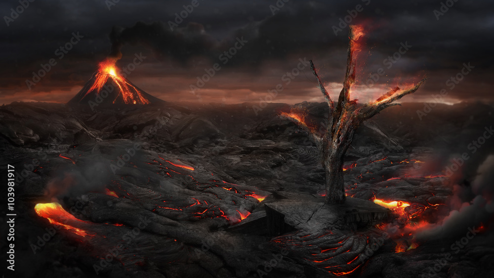 Fire tree in the volcanic landscape - obrazy, fototapety, plakaty 
