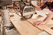 © mavoimages - Radial arm circular saw cutting through wooden plank