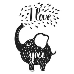 Wall Mural - Hand drawn lettering typography poster. Isolated silhouette of an elephant blowing heart love quote I love you. Postcard happy Valentine's day. Vector