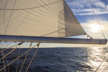 Wall Mural - Rigging, ropes, shrouds and sail crop on the yacht