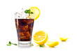glass of cola or coke with ice cubes, lemon and peppermint garni