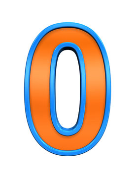 One digit from orange glass with blue frame alphabet set, isolated on white. Computer generated 3D photo rendering.