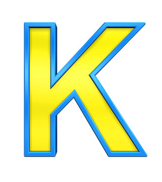 One letter from yellow glass with blue frame alphabet set, isolated on white. Computer generated 3D photo rendering.