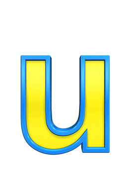 One lower case letter from yellow glass with blue frame alphabet set, isolated on white. Computer generated 3D photo rendering.