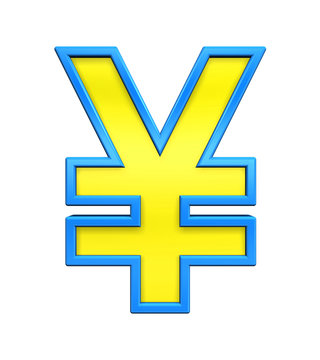 Yen sign from yellow glass with blue frame alphabet set, isolated on white. Computer generated 3D photo rendering.