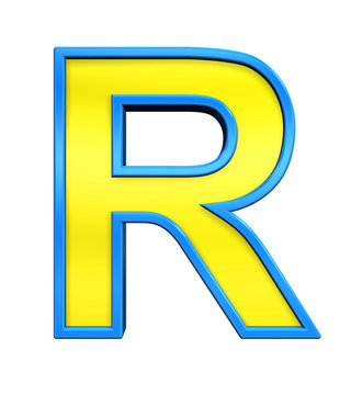 One letter from yellow glass with blue frame alphabet set, isolated on white. Computer generated 3D photo rendering.
