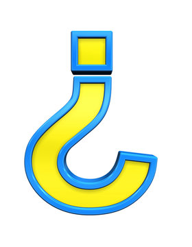 Question mark sign from yellow glass with blue frame alphabet set, isolated on white. Computer generated 3D photo rendering.