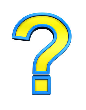 Question mark sign from yellow glass with blue frame alphabet set, isolated on white. Computer generated 3D photo rendering.