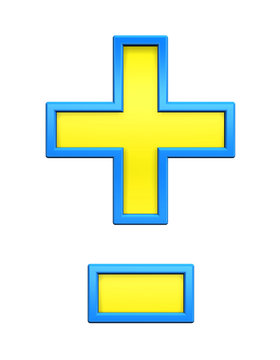 Hyphen, minus, plus marks from yellow glass with blue frame alphabet set, isolated on white. Computer generated 3D photo rendering.