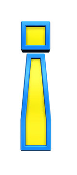 Exclamation mark sign from yellow glass with blue frame alphabet set, isolated on white. Computer generated 3D photo rendering.