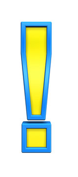 Exclamation mark sign from yellow glass with blue frame alphabet set, isolated on white. Computer generated 3D photo rendering.