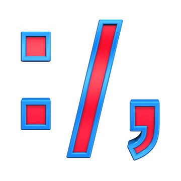 Colon, semicolon, period, comma sign from red glass with blue frame alphabet set, isolated on white. Computer generated 3D photo rendering.