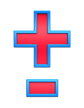 Hyphen, minus, plus marks from red glass with blue frame alphabet set, isolated on white. Computer generated 3D photo rendering.