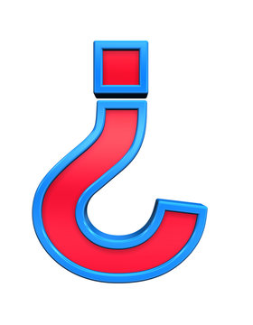 Question mark sign from red glass with blue frame alphabet set, isolated on white. Computer generated 3D photo rendering.